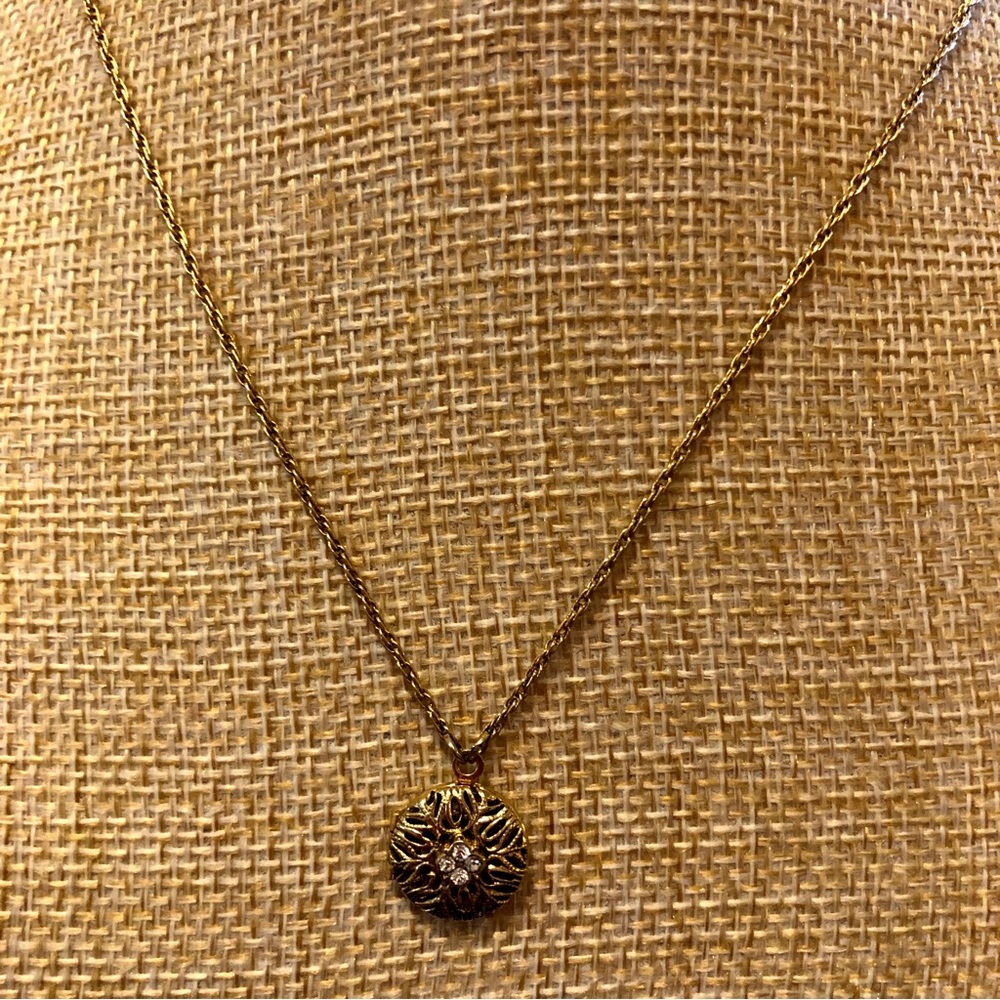 1928 Girls locket necklace, gold tone with rhinestones
